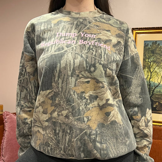 DUMP YOUR REPUBLICAN BOYFRIEND camo crewneck with pink text (XL)
