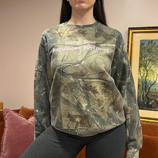 DUMP YOUR REPUBLICAN BOYFRIEND camo crewneck with pink text (M)