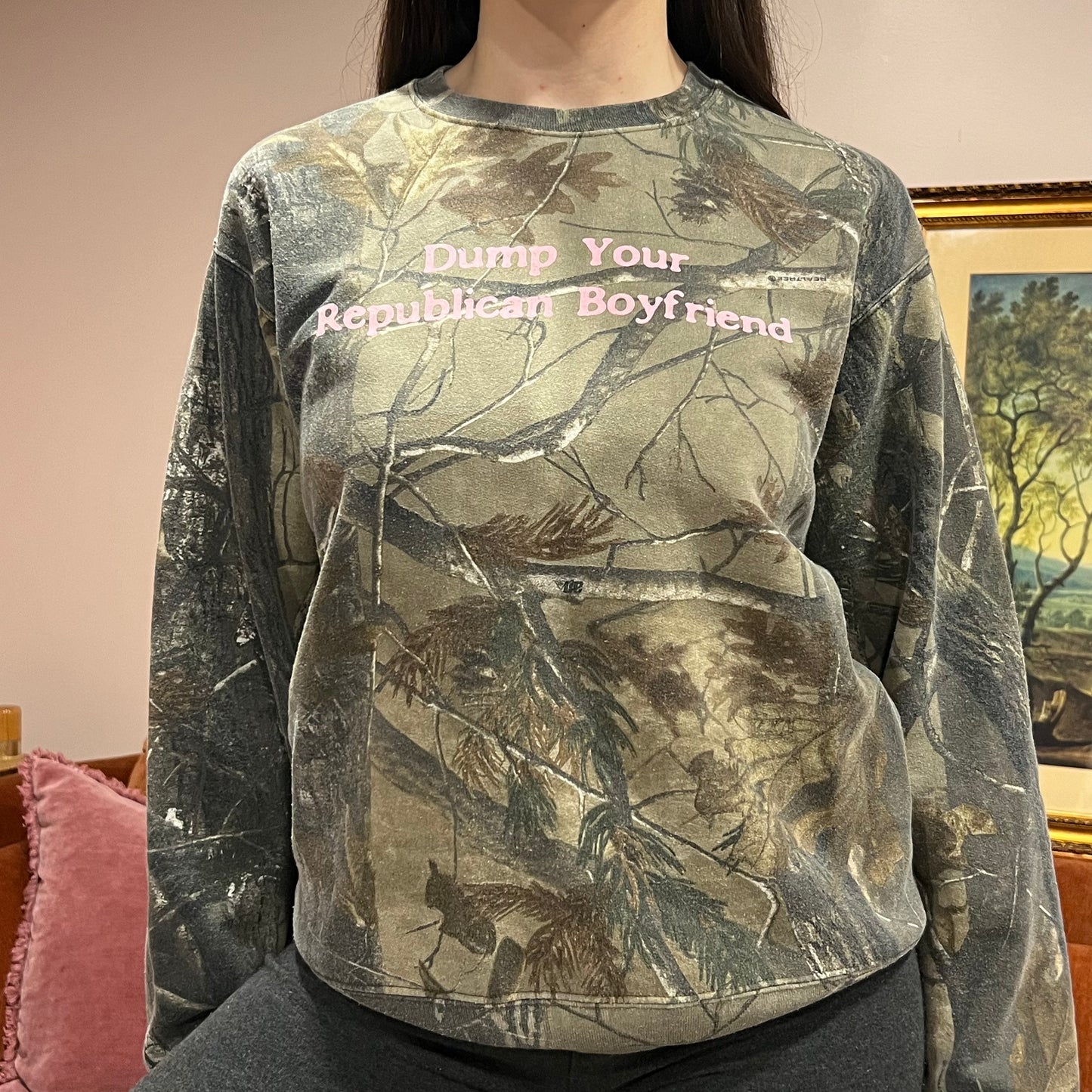 DUMP YOUR REPUBLICAN BOYFRIEND camo crewneck with pink text (M)