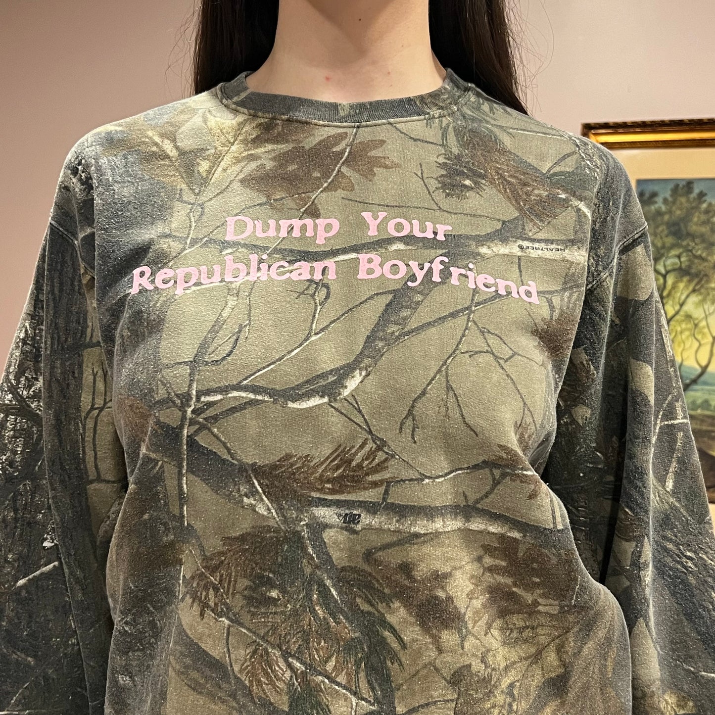 DUMP YOUR REPUBLICAN BOYFRIEND camo crewneck with pink text (M)