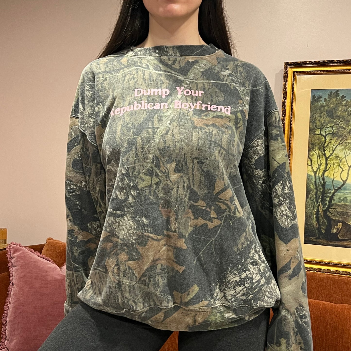 DUMP YOUR REPUBLICAN BOYFRIEND camo crewneck with pink text (2XL)