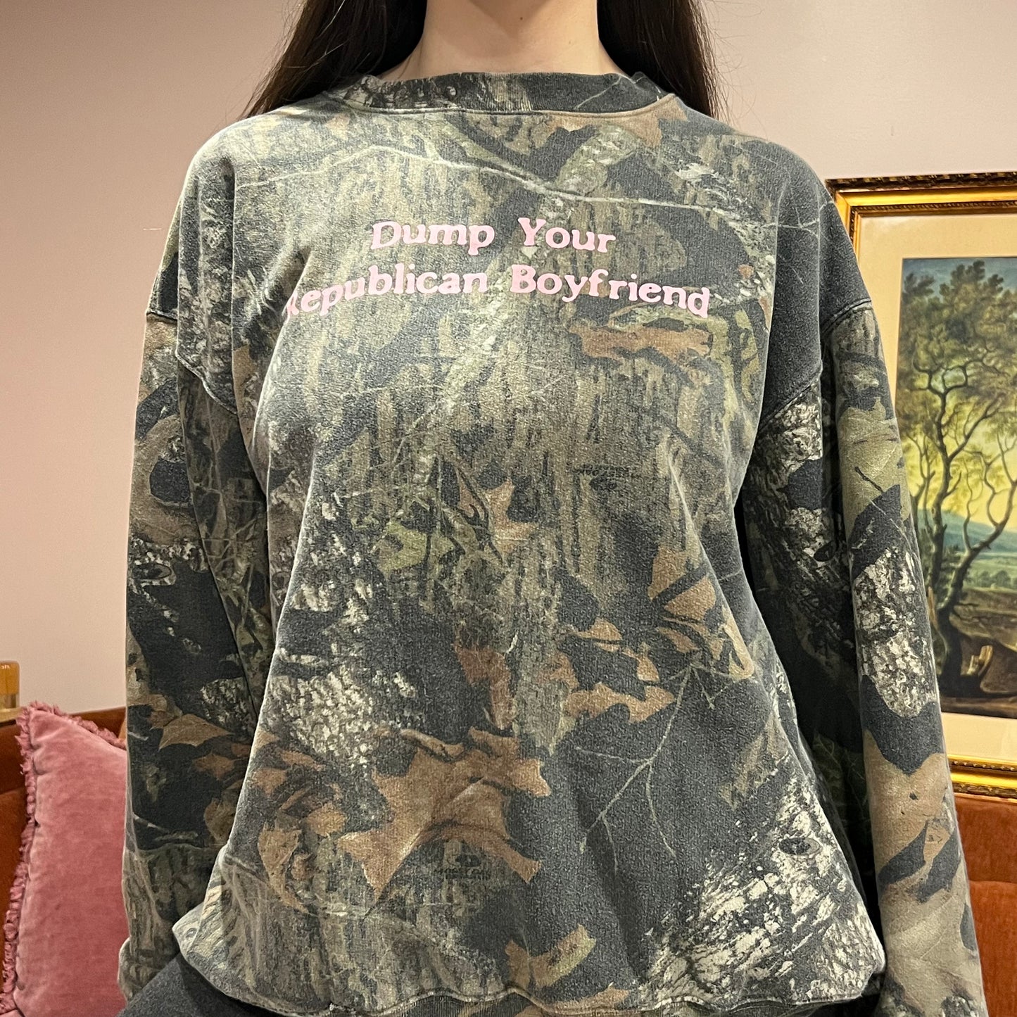 DUMP YOUR REPUBLICAN BOYFRIEND camo crewneck with pink text (2XL)