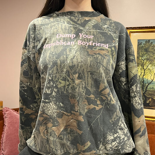 DUMP YOUR REPUBLICAN BOYFRIEND camo crewneck with pink text (2XL)