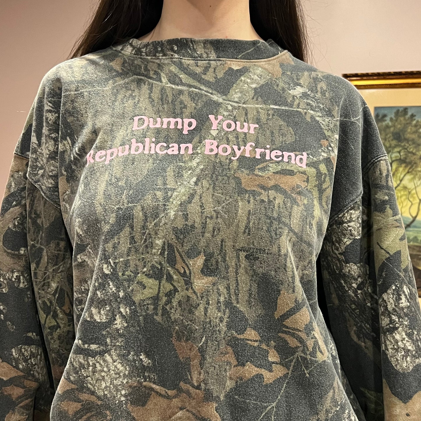 DUMP YOUR REPUBLICAN BOYFRIEND camo crewneck with pink text (2XL)