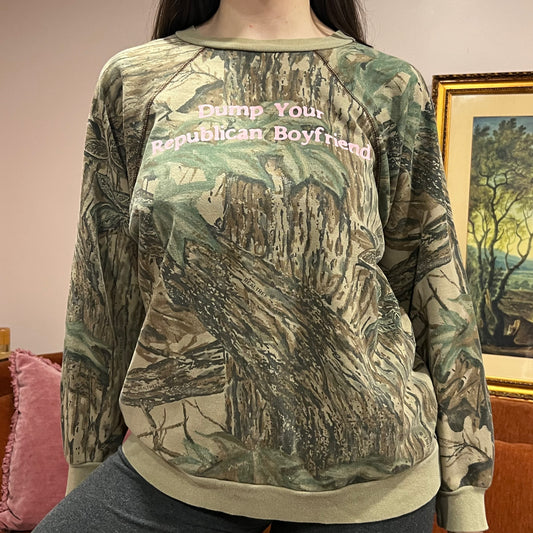 DUMP YOUR REPUBLICAN BOYFRIEND camo crewneck with pink text (M/L)