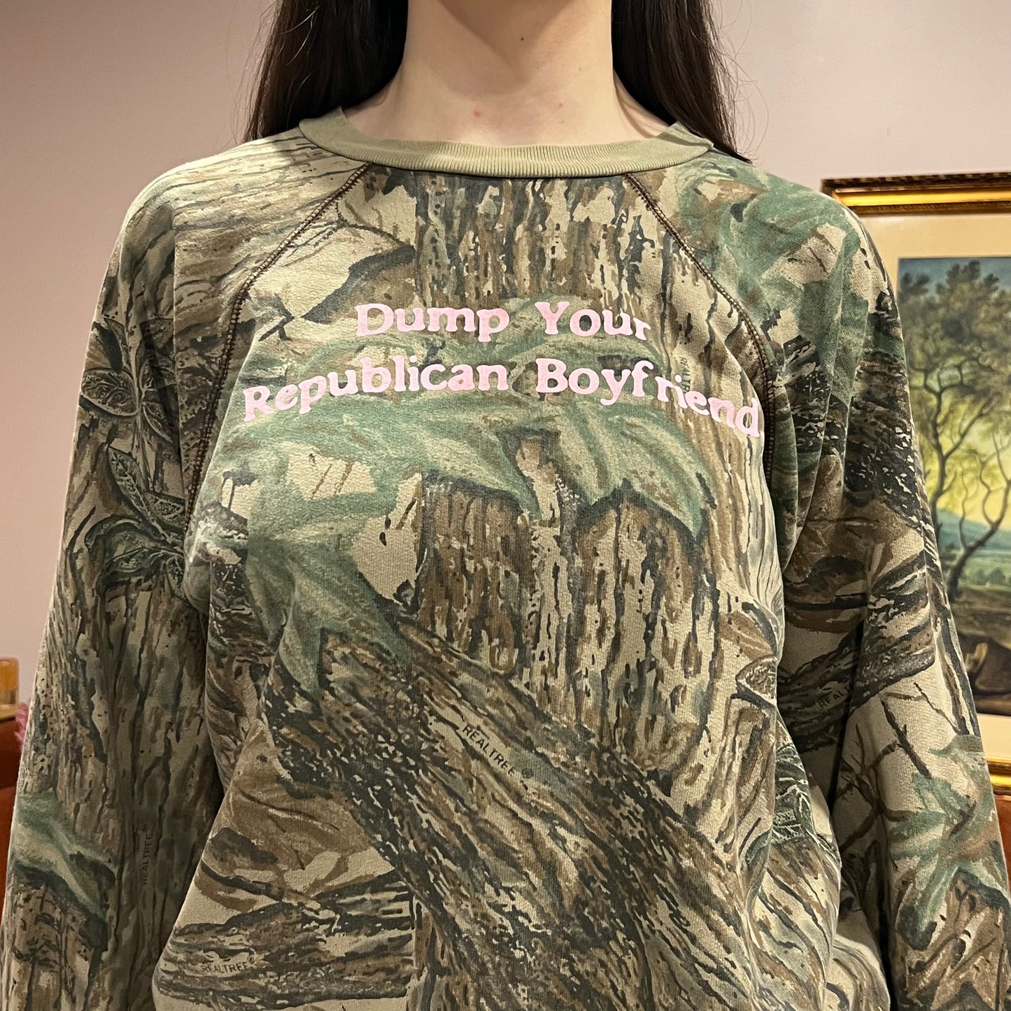 DUMP YOUR REPUBLICAN BOYFRIEND camo crewneck with pink text (M/L)