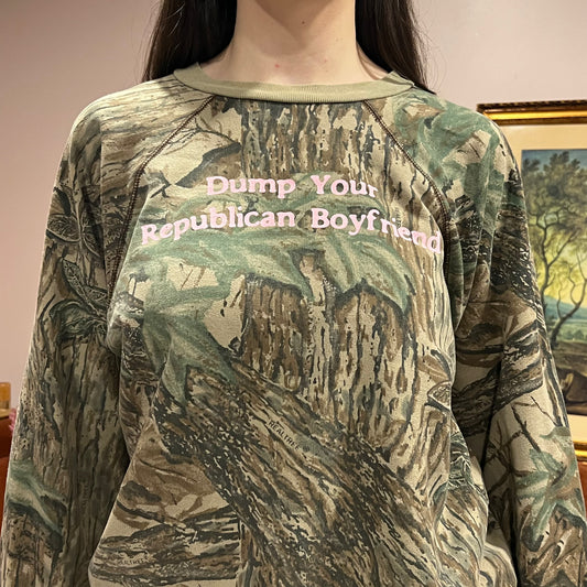 DUMP YOUR REPUBLICAN BOYFRIEND camo crewneck with pink text (M/L)