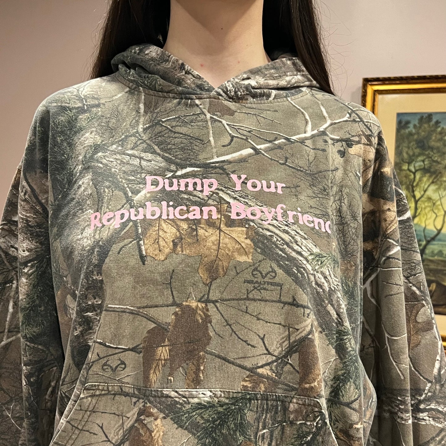 DUMP YOUR REPUBLICAN BOYFRIEND camo hoodie with pink text (XL)