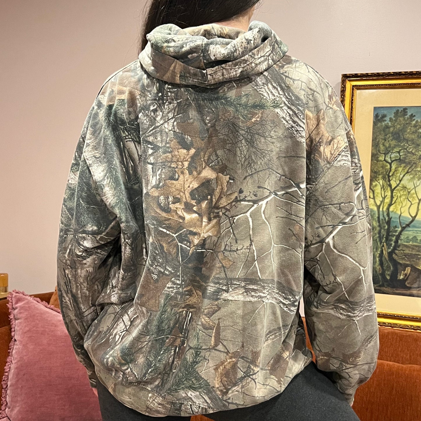 DUMP YOUR REPUBLICAN BOYFRIEND camo hoodie with pink text (XL)