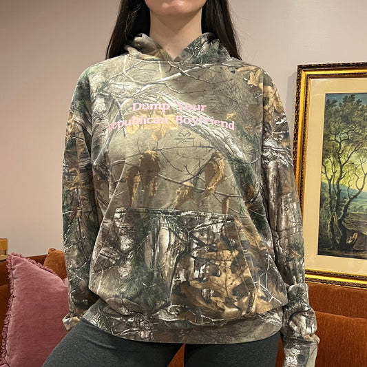 DUMP YOUR REPUBLICAN BOYFRIEND camo hoodie with pink text (XL)
