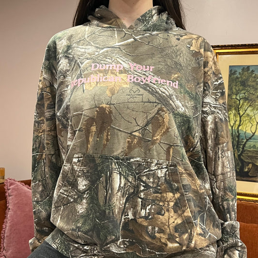 DUMP YOUR REPUBLICAN BOYFRIEND camo hoodie with pink text (XL)