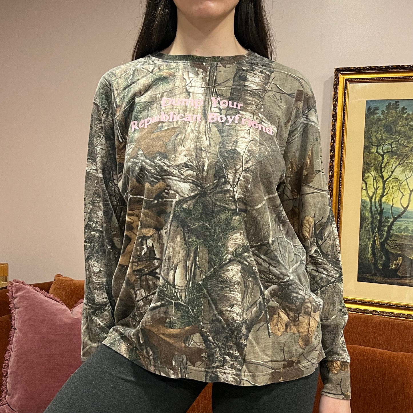 DUMP YOUR REPUBLICAN BOYFRIEND camo long sleeve t-shirt with pink text (L)