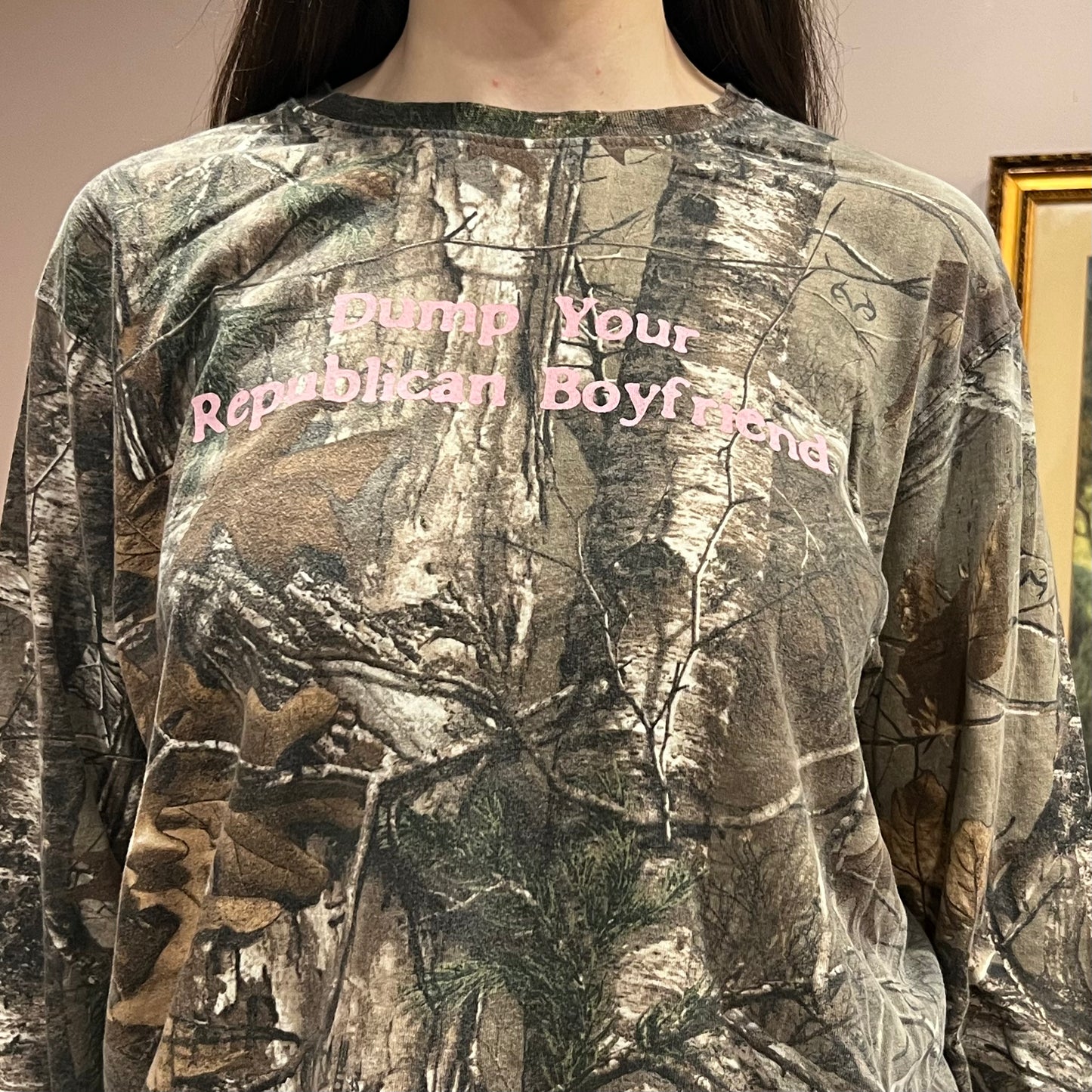 DUMP YOUR REPUBLICAN BOYFRIEND camo long sleeve t-shirt with pink text (L)