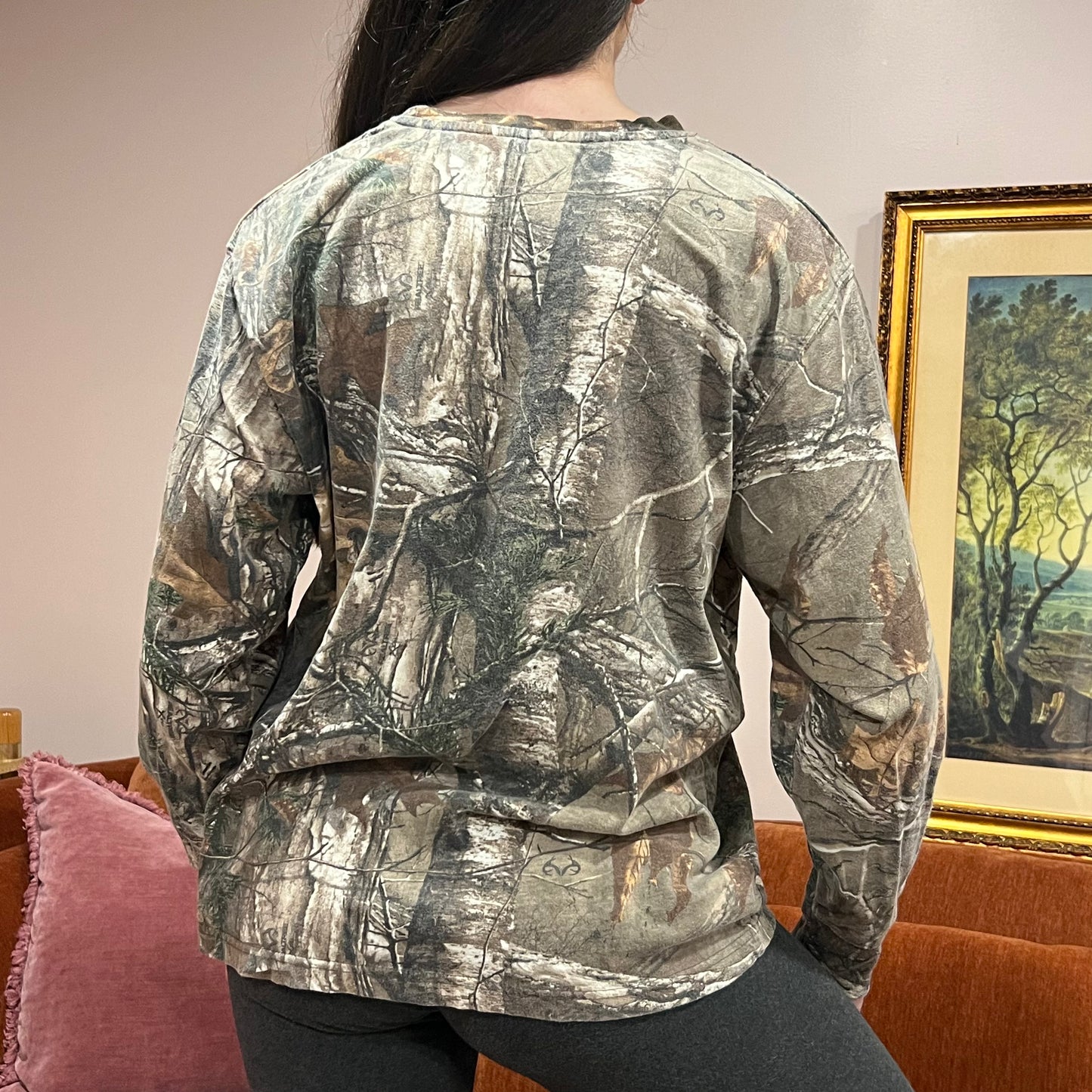 DUMP YOUR REPUBLICAN BOYFRIEND camo long sleeve t-shirt with pink text (L)