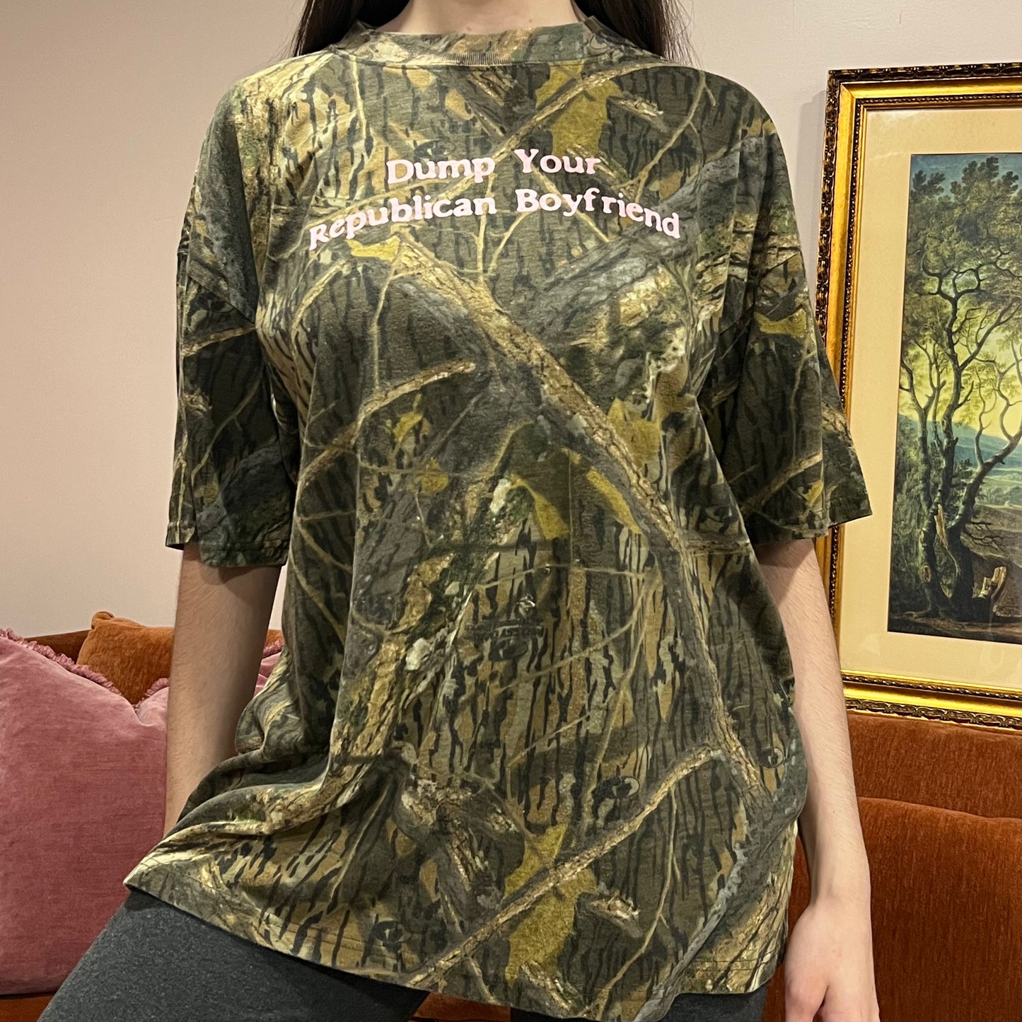 DUMP YOUR REPUBLICAN BOYFRIEND camo t-shirt with pink text (XL/2XL)