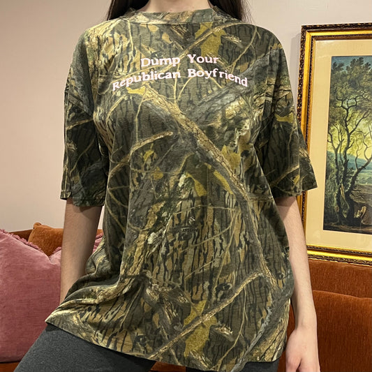 DUMP YOUR REPUBLICAN BOYFRIEND camo t-shirt with pink text (XL/2XL)