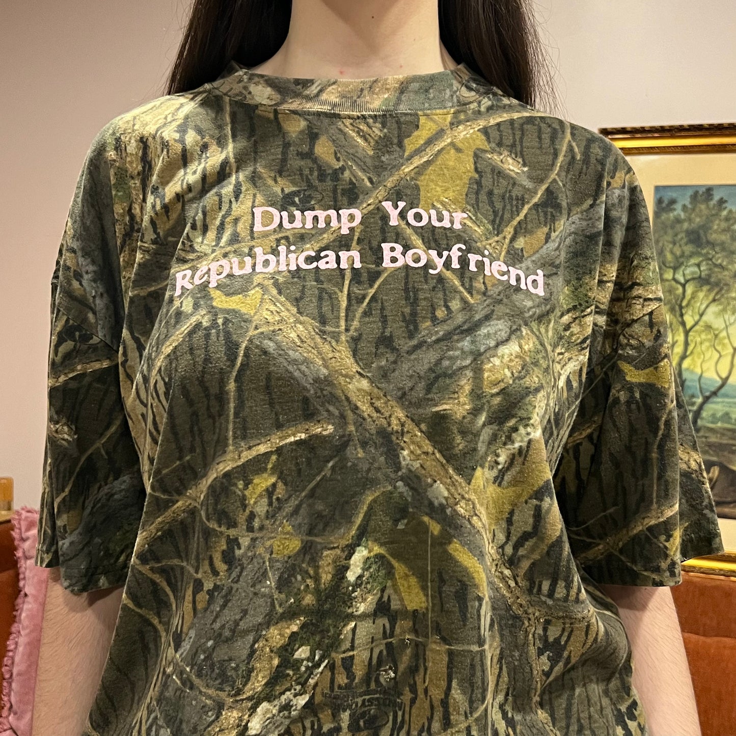 DUMP YOUR REPUBLICAN BOYFRIEND camo t-shirt with pink text (XL/2XL)
