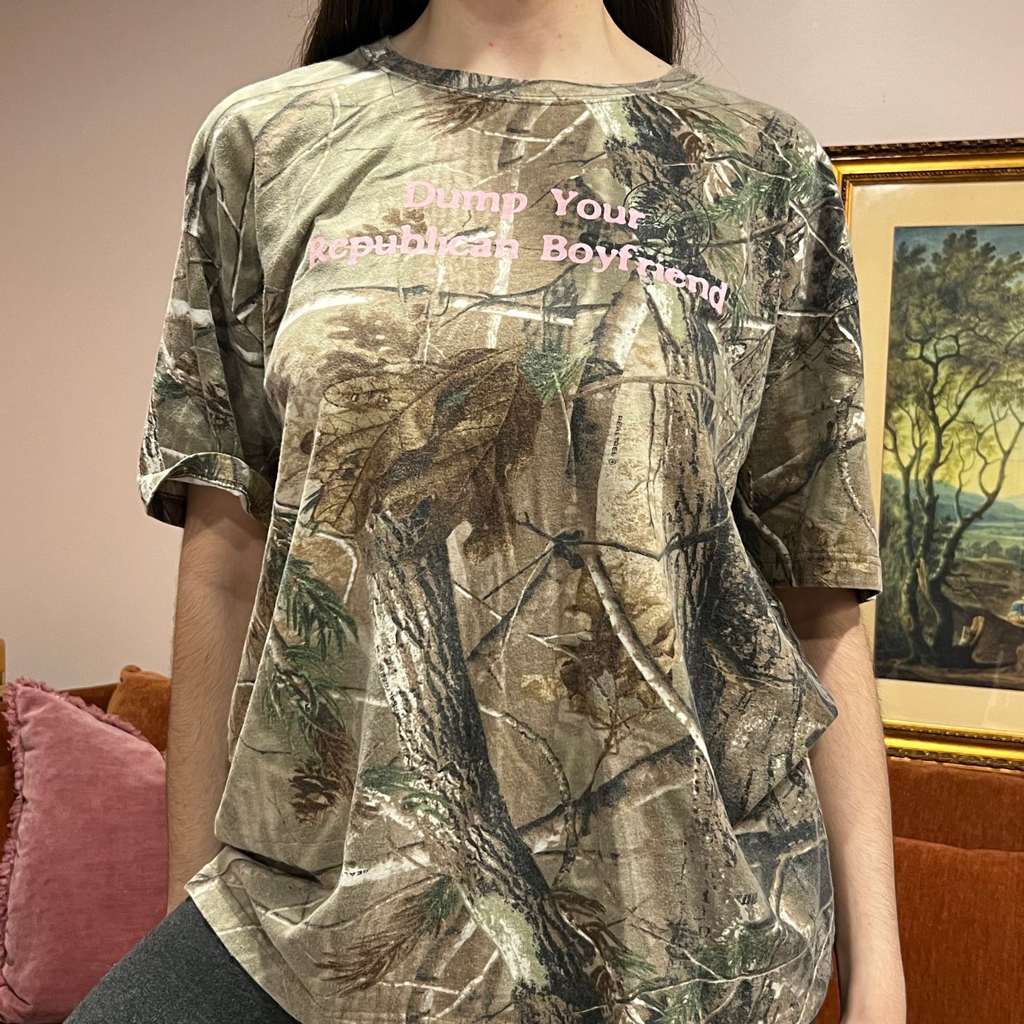 DUMP YOUR REPUBLICAN BOYFRIEND camo t-shirt with pink text (XL)