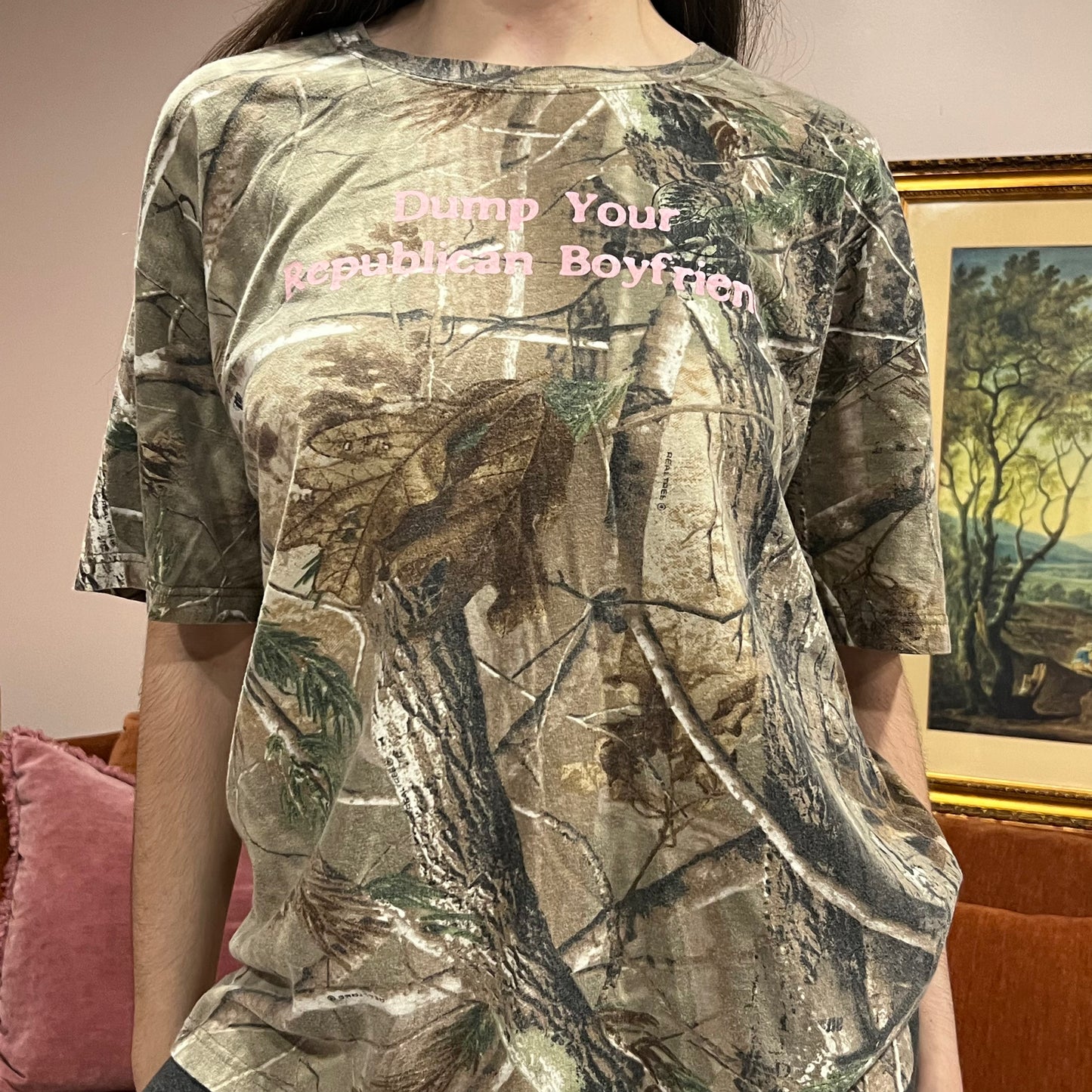 DUMP YOUR REPUBLICAN BOYFRIEND camo t-shirt with pink text (XL)