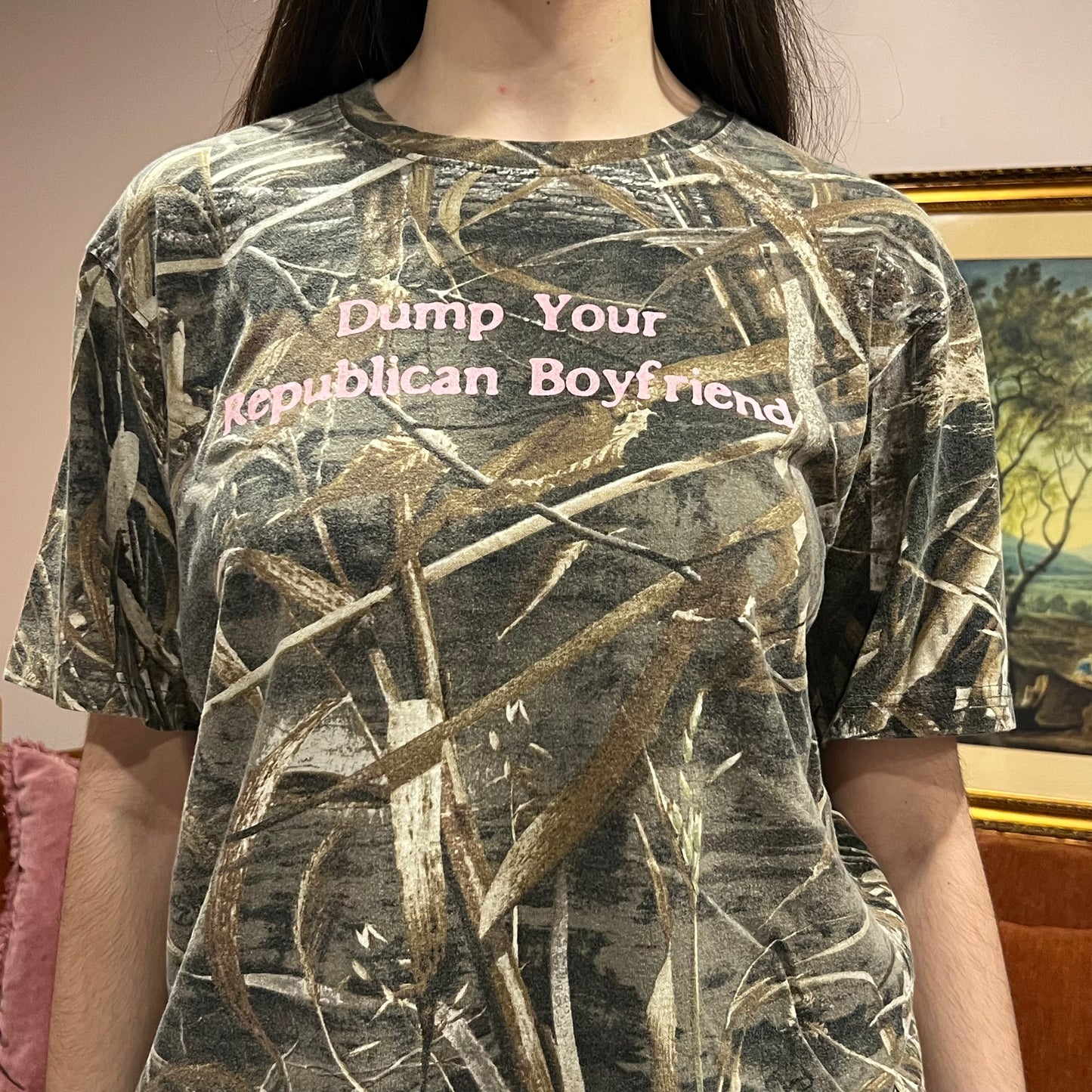 DUMP YOUR REPUBLICAN BOYFRIEND camo t-shirt with pink text (M)