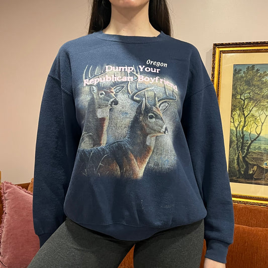 DUMP YOUR REPUBLICAN BOYFRIEND animal crewneck with pink text (L)