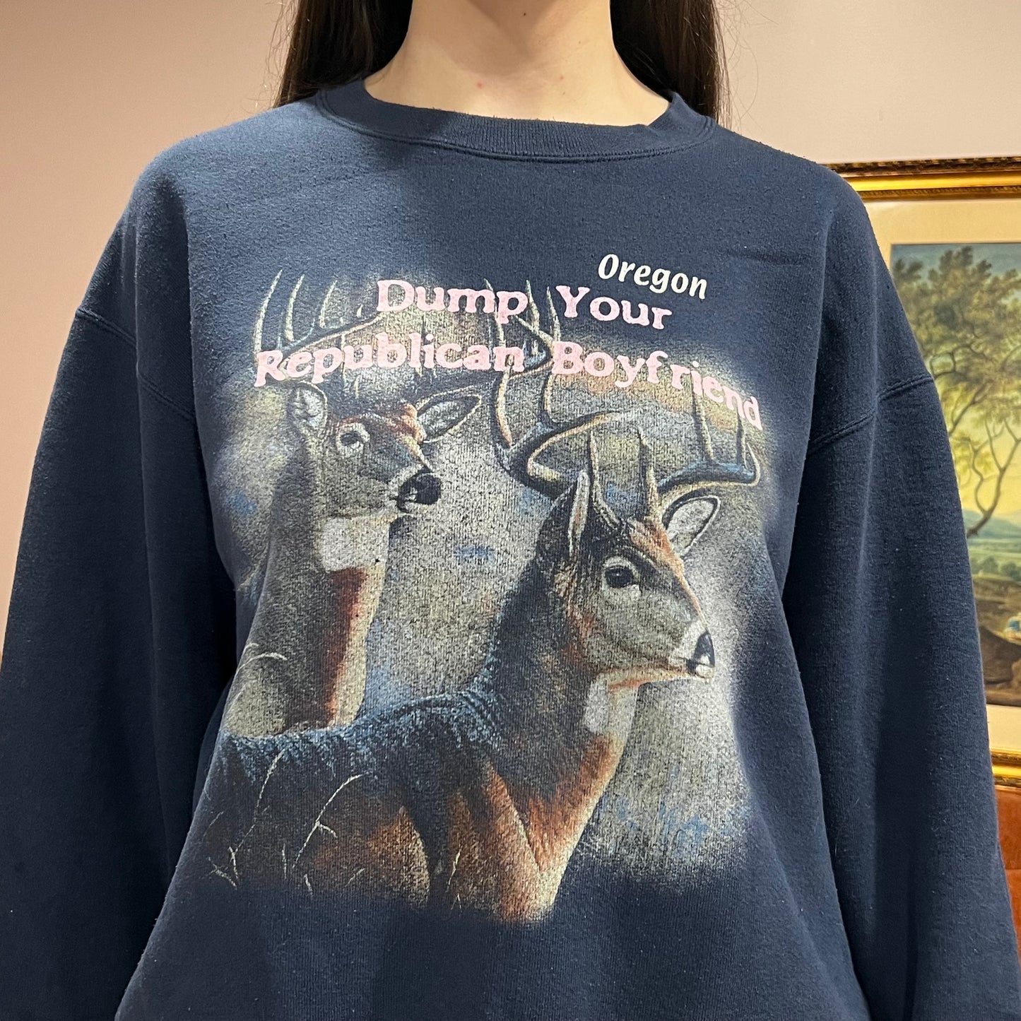 DUMP YOUR REPUBLICAN BOYFRIEND animal crewneck with pink text (L)