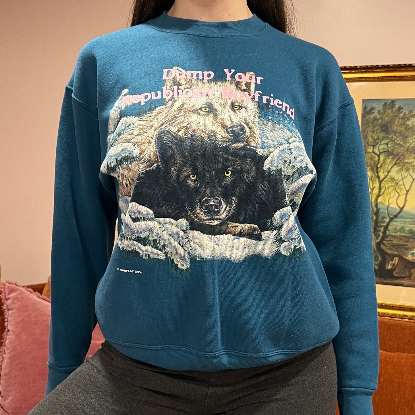 DUMP YOUR REPUBLICAN BOYFRIEND animal crewneck with pink text (M)