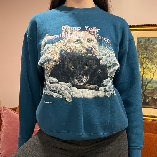 DUMP YOUR REPUBLICAN BOYFRIEND animal crewneck with pink text (M)
