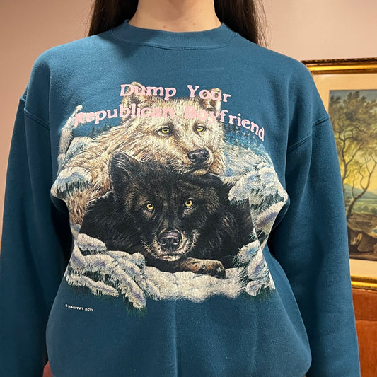 DUMP YOUR REPUBLICAN BOYFRIEND animal crewneck with pink text (M)