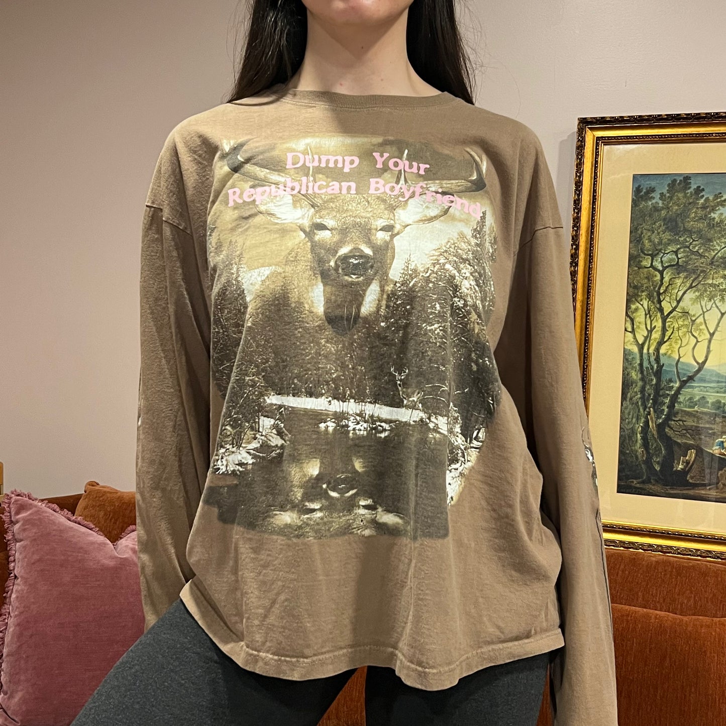 DUMP YOUR REPUBLICAN BOYFRIEND animal long sleeve t-shirt with pink text (XL)