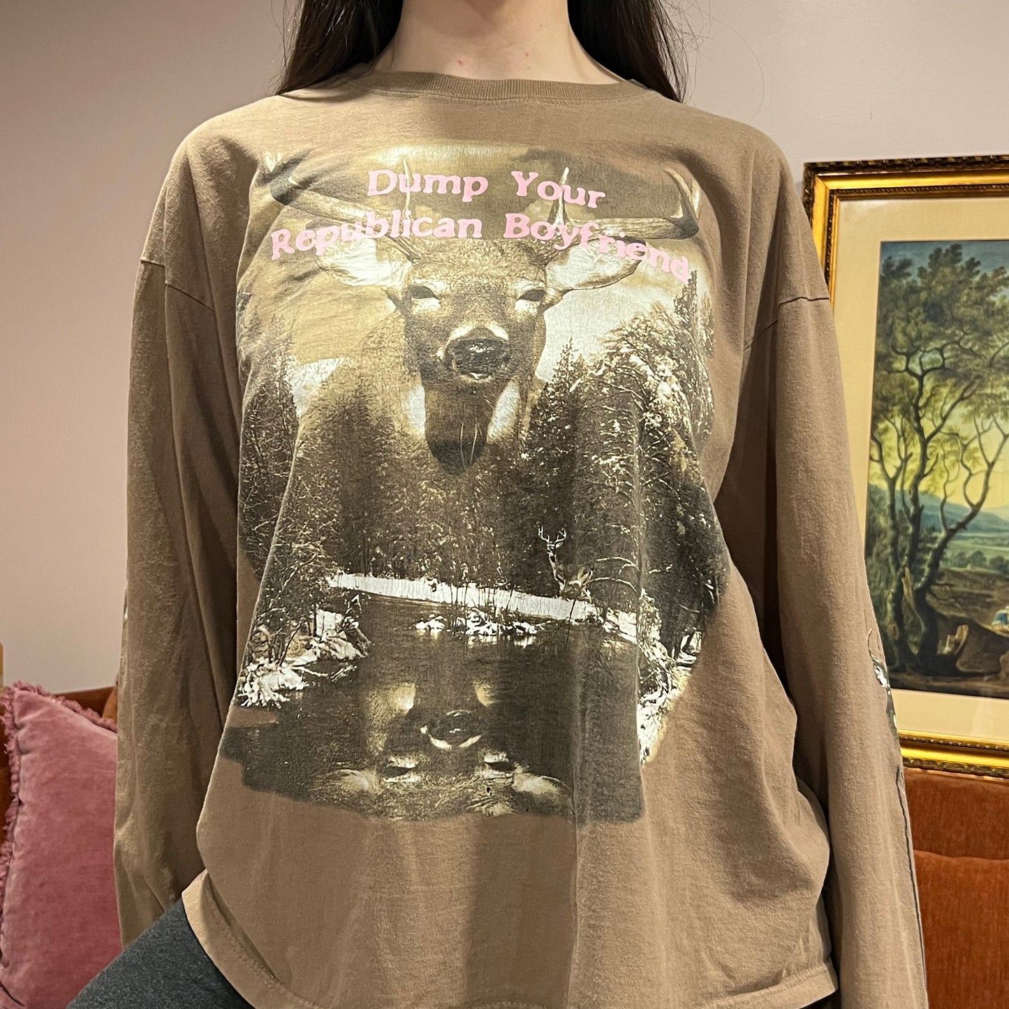 DUMP YOUR REPUBLICAN BOYFRIEND animal long sleeve t-shirt with pink text (XL)