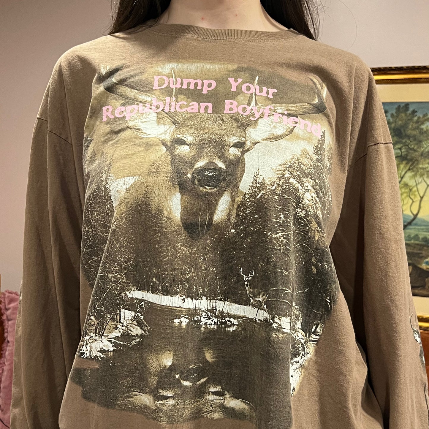 DUMP YOUR REPUBLICAN BOYFRIEND animal long sleeve t-shirt with pink text (XL)