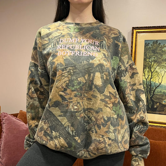 DUMP YOUR REPUBLICAN BOYFRIEND camo crewneck with pink text (2XL)