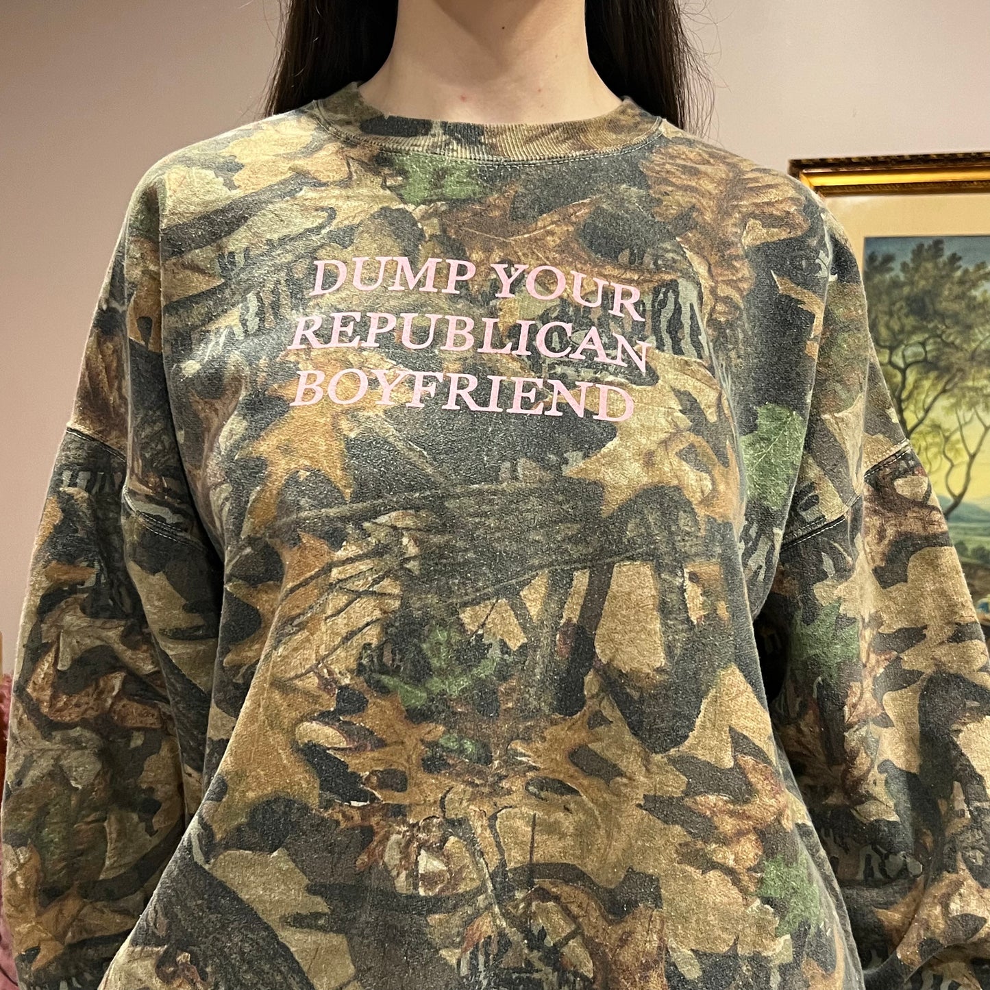 DUMP YOUR REPUBLICAN BOYFRIEND camo crewneck with pink text (2XL)