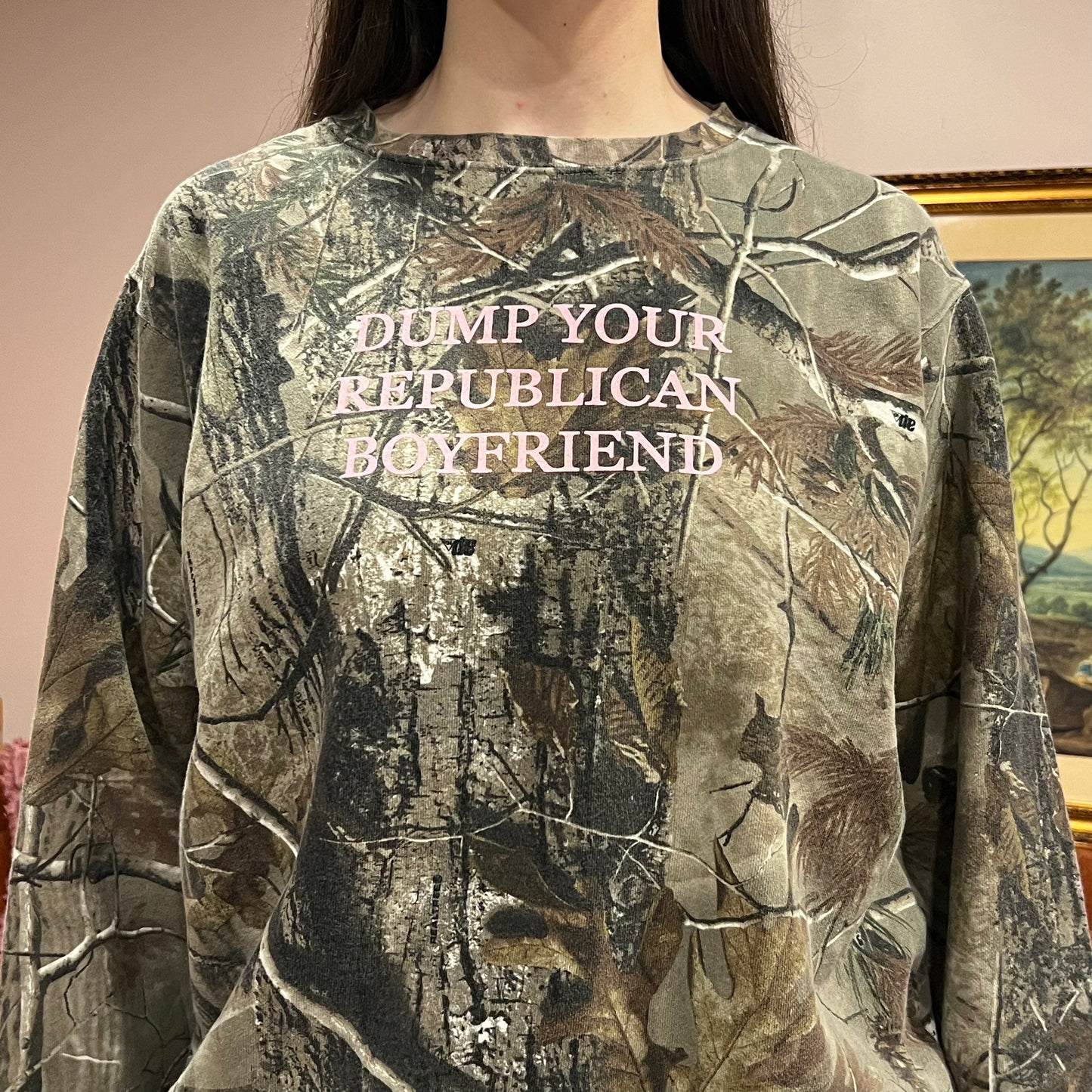 DUMP YOUR REPUBLICAN BOYFRIEND camo crewneck with pink text (L)