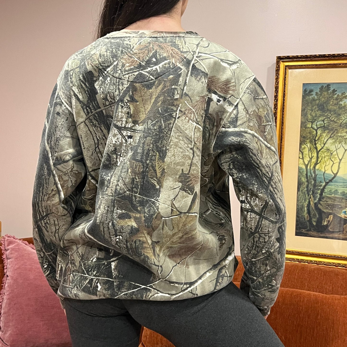 DUMP YOUR REPUBLICAN BOYFRIEND camo crewneck with pink text (L)