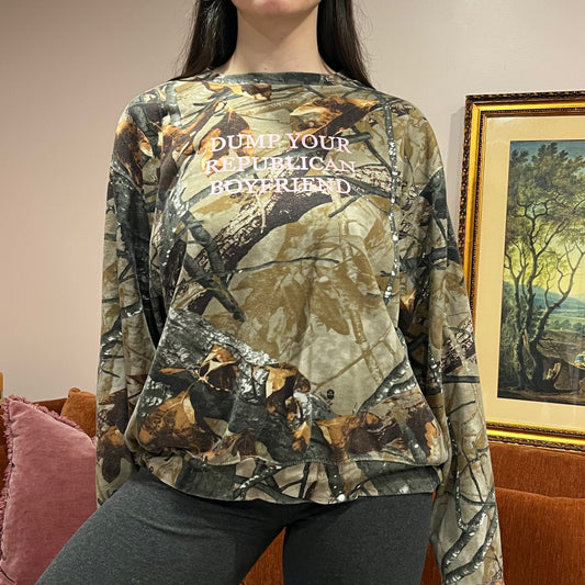 DUMP YOUR REPUBLICAN BOYFRIEND camo crewneck with pink text (XL)