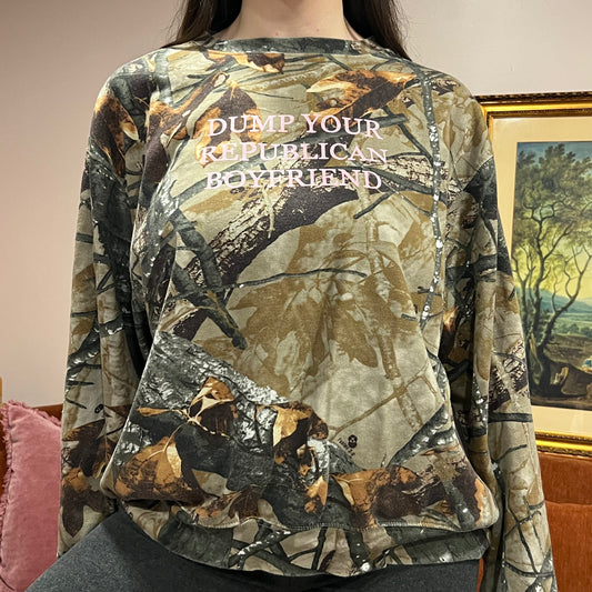 DUMP YOUR REPUBLICAN BOYFRIEND camo crewneck with pink text (XL)