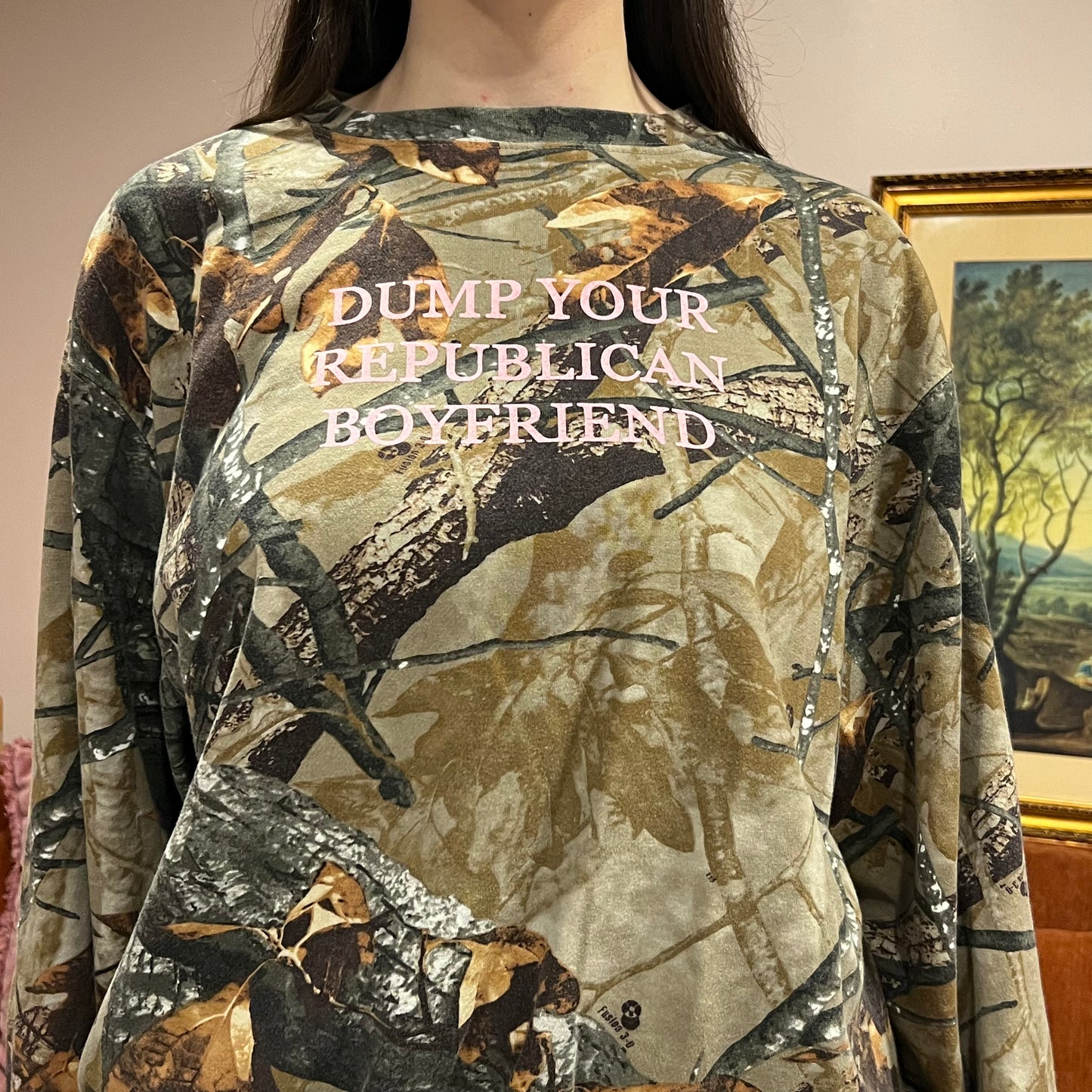 DUMP YOUR REPUBLICAN BOYFRIEND camo crewneck with pink text (XL)