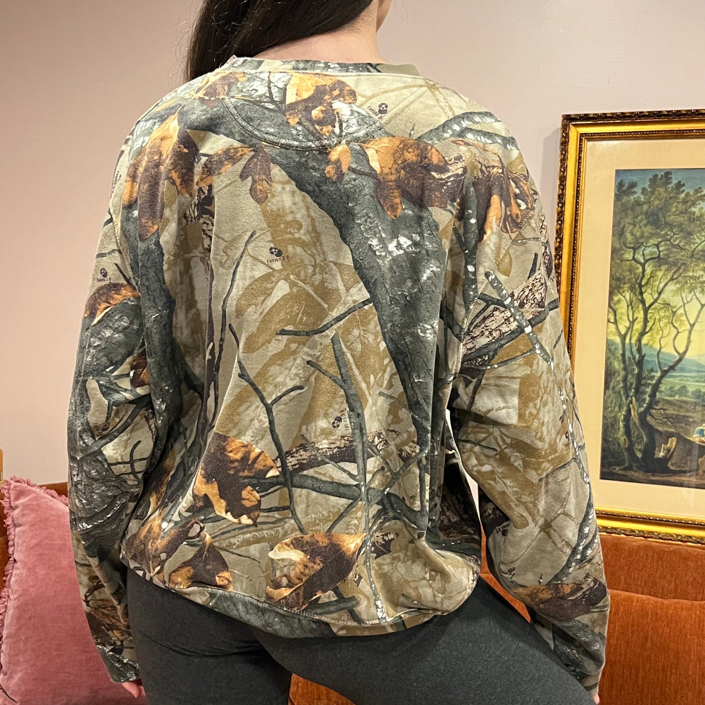 DUMP YOUR REPUBLICAN BOYFRIEND camo crewneck with pink text (XL)
