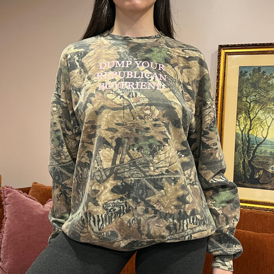 DUMP YOUR REPUBLICAN BOYFRIEND camo crewneck with pink text (XL)