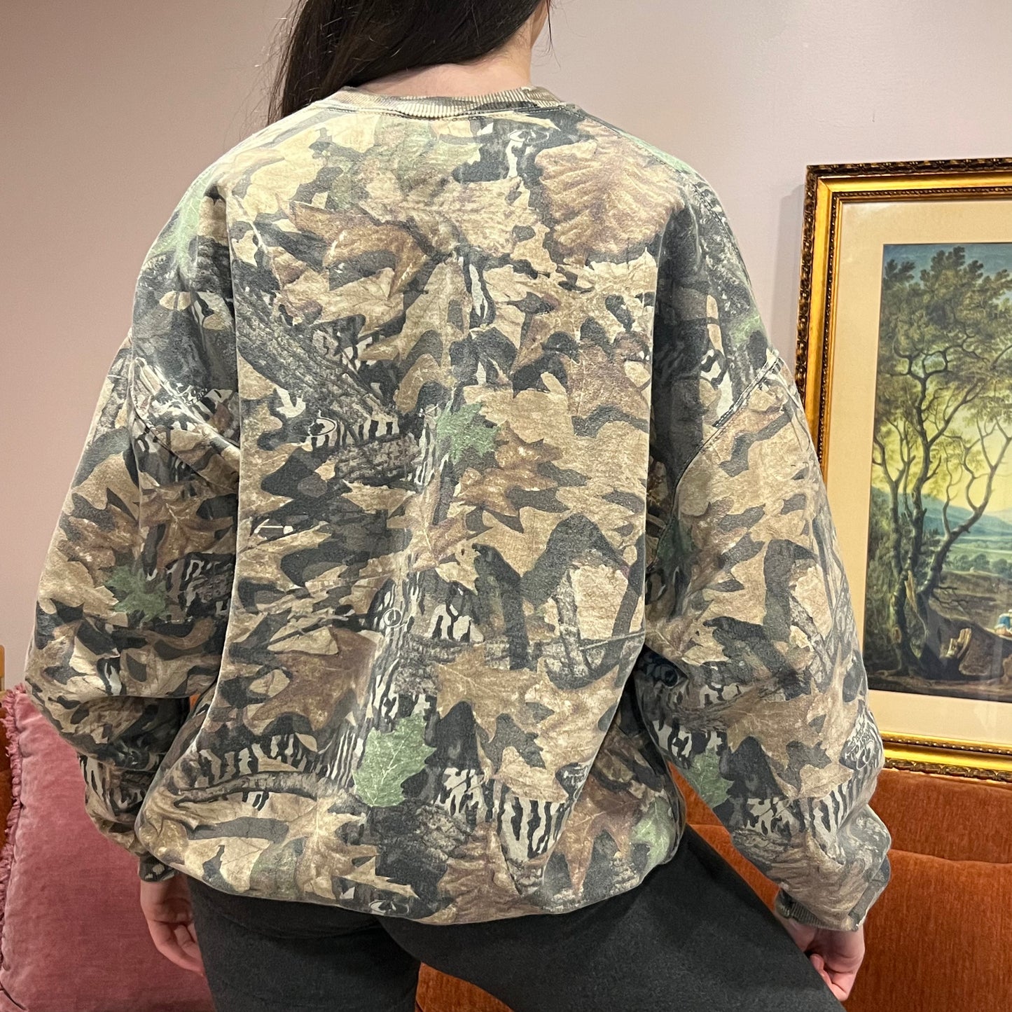 DUMP YOUR REPUBLICAN BOYFRIEND camo crewneck with pink text (XL)
