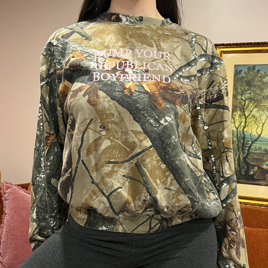 DUMP YOUR REPUBLICAN BOYFRIEND camo crewneck with pink text (M)