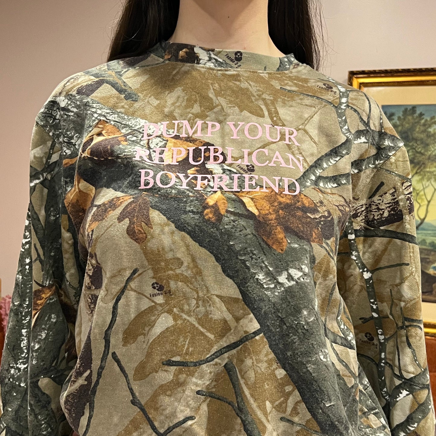 DUMP YOUR REPUBLICAN BOYFRIEND camo crewneck with pink text (M)