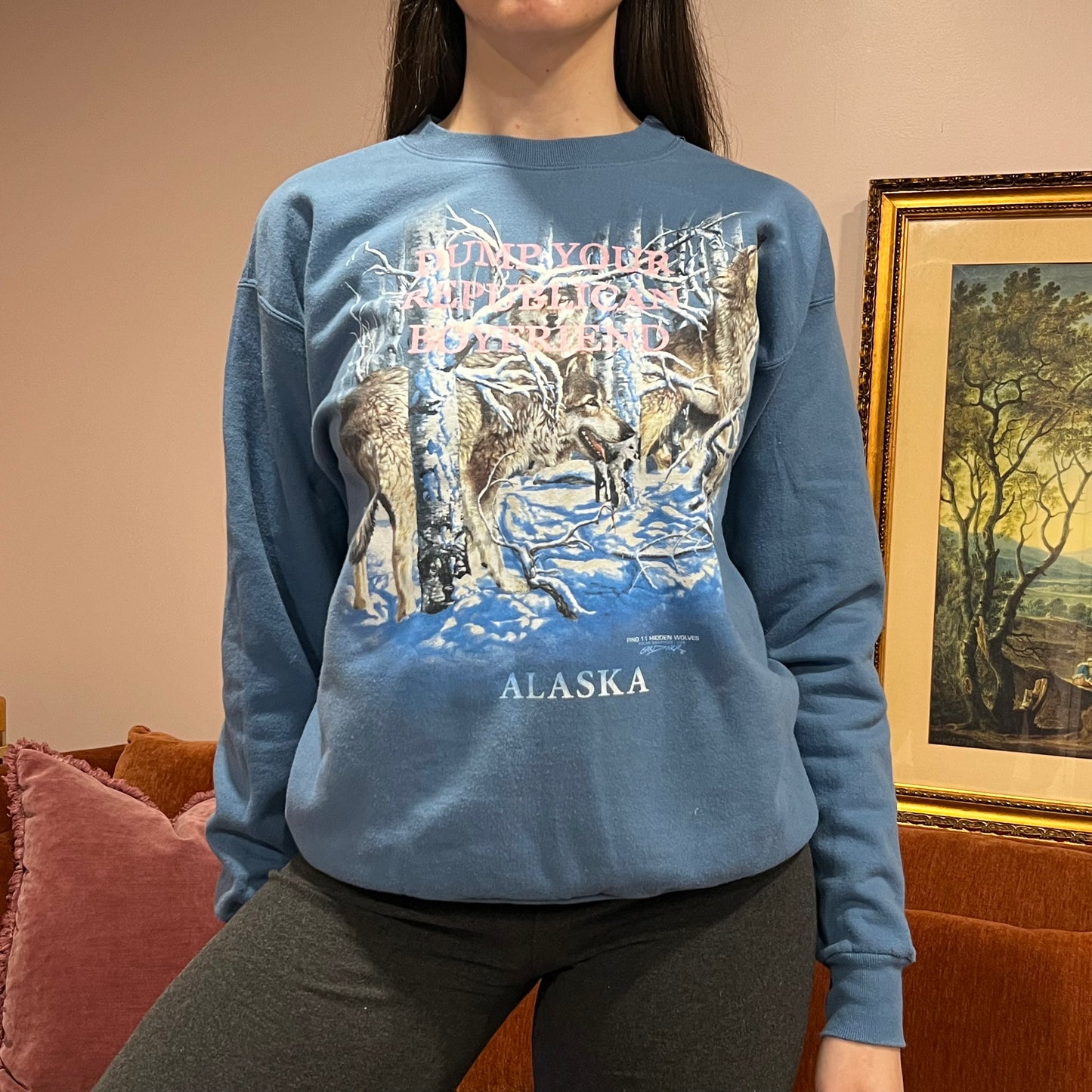 DUMP YOUR REPUBLICAN BOYFRIEND animal crewneck with pink text (M)