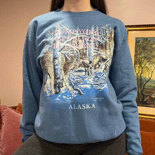 DUMP YOUR REPUBLICAN BOYFRIEND animal crewneck with pink text (M)