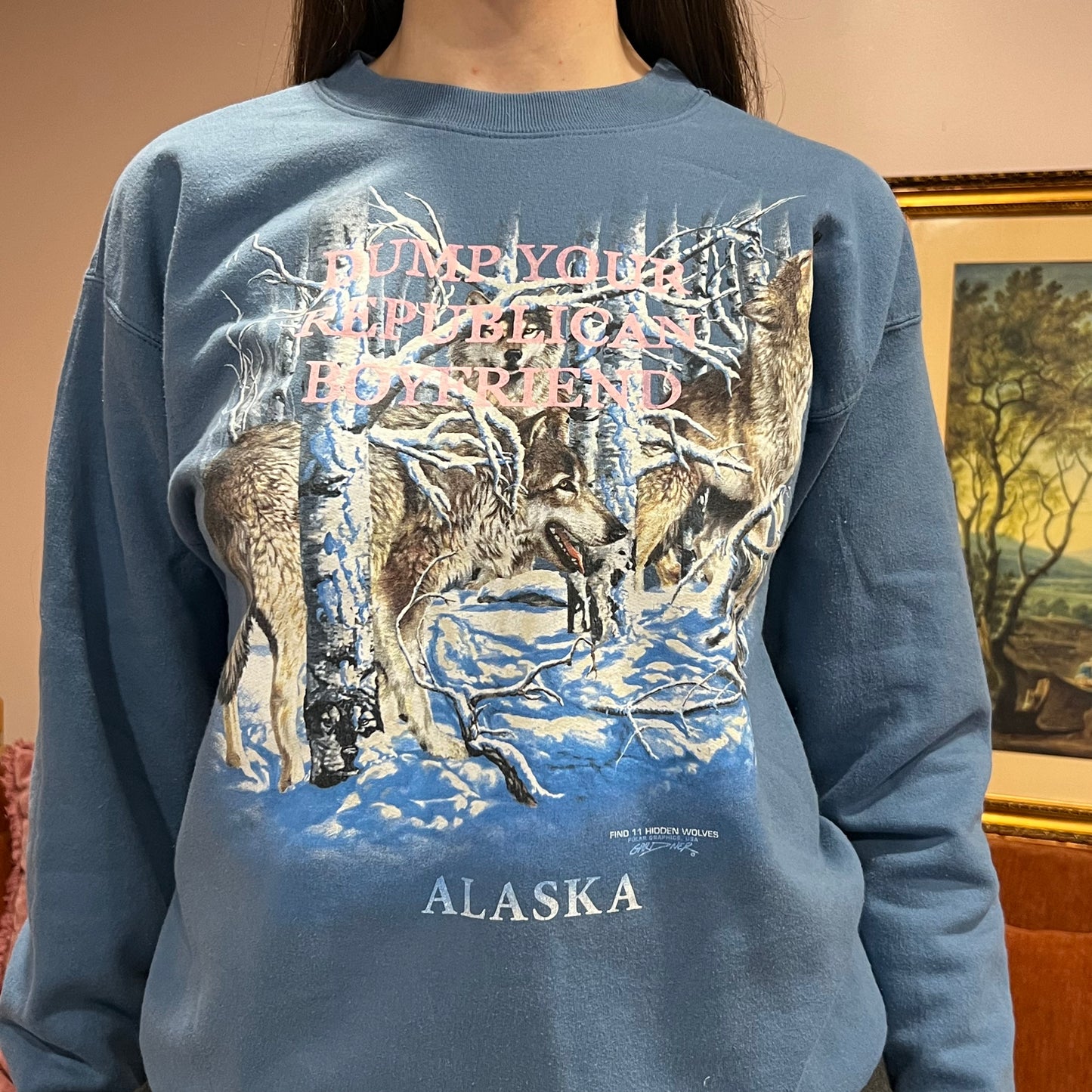 DUMP YOUR REPUBLICAN BOYFRIEND animal crewneck with pink text (M)