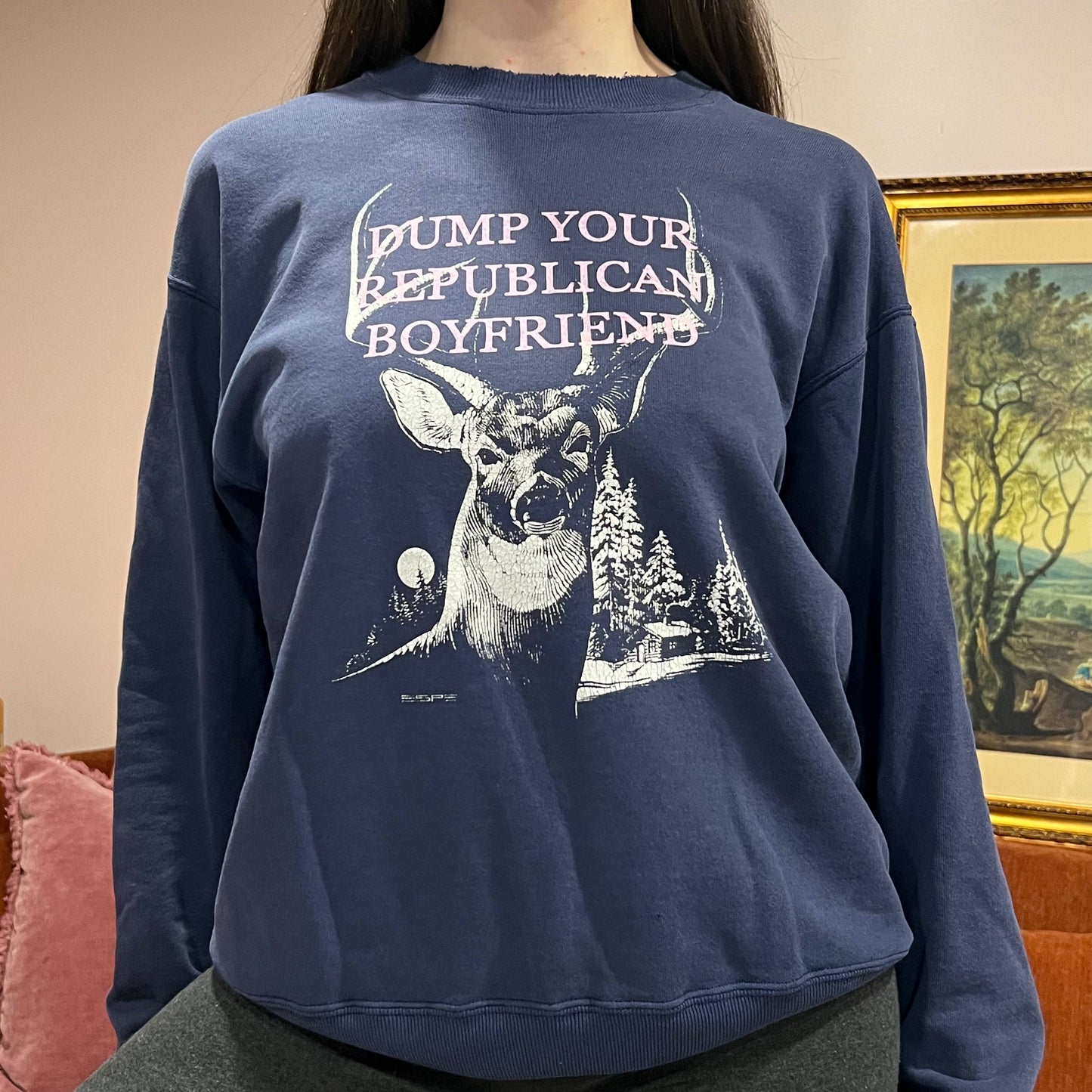 DUMP YOUR REPUBLICAN BOYFRIEND animal crewneck with pink text (L)