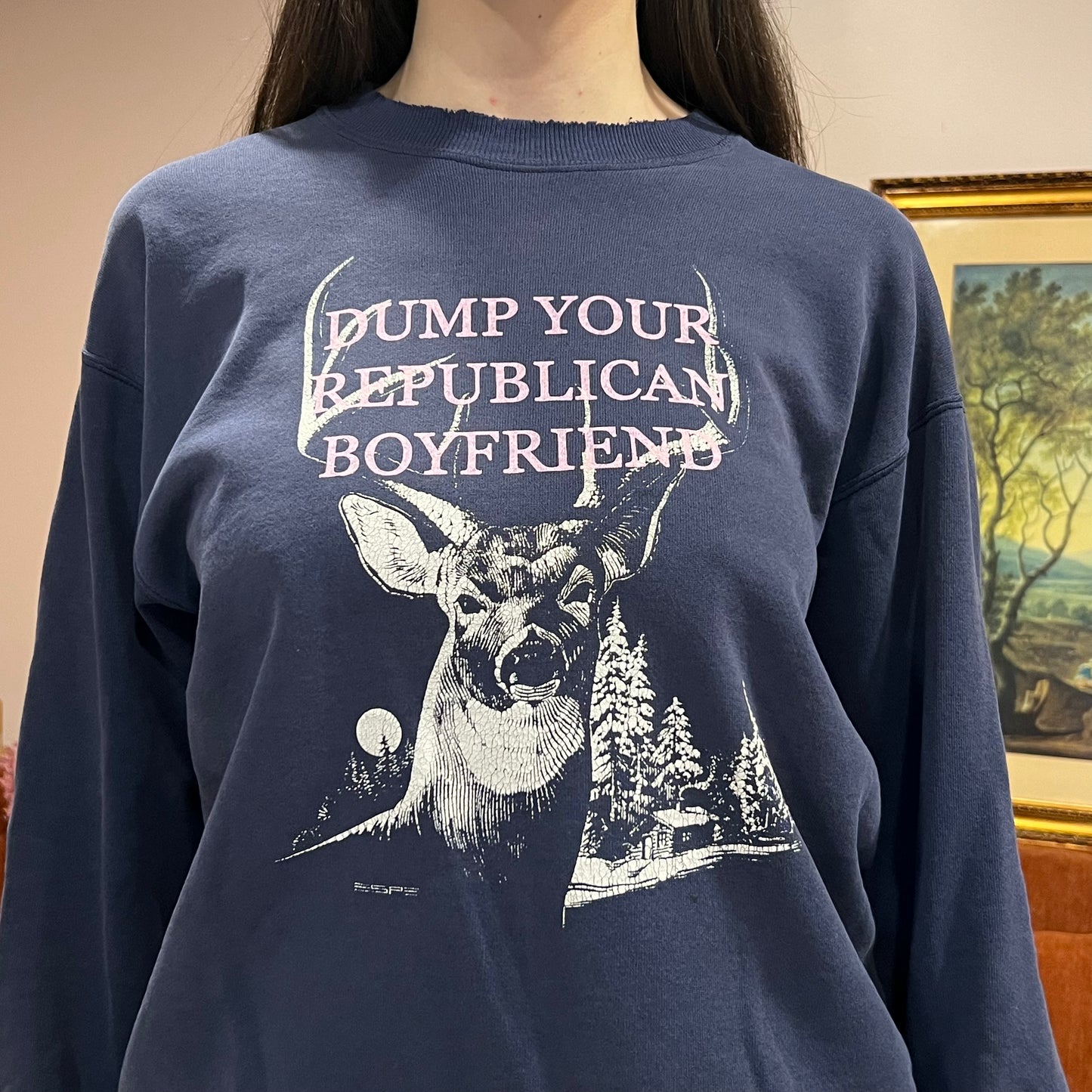 DUMP YOUR REPUBLICAN BOYFRIEND animal crewneck with pink text (L)