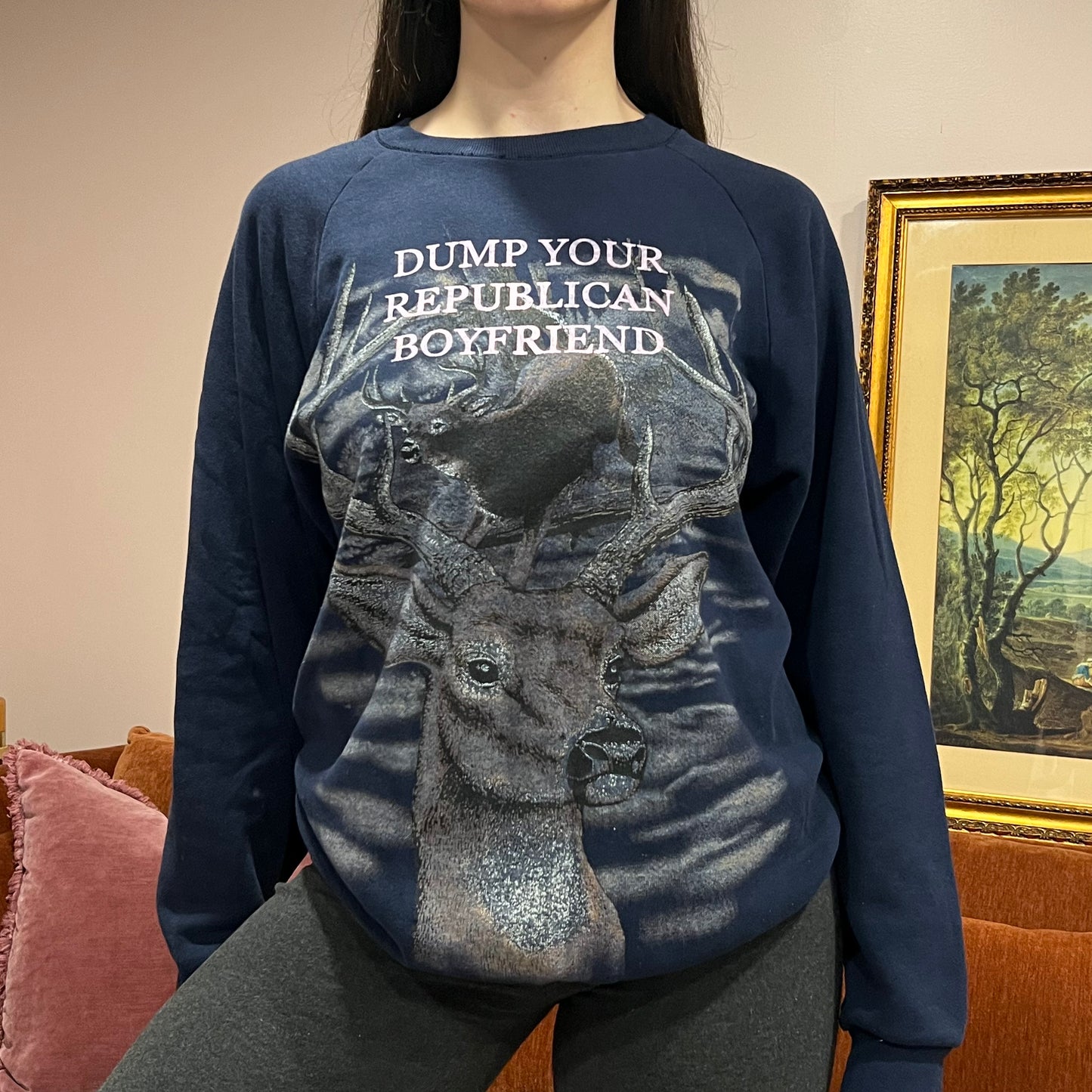 DUMP YOUR REPUBLICAN BOYFRIEND animal crewneck with pink text (L)